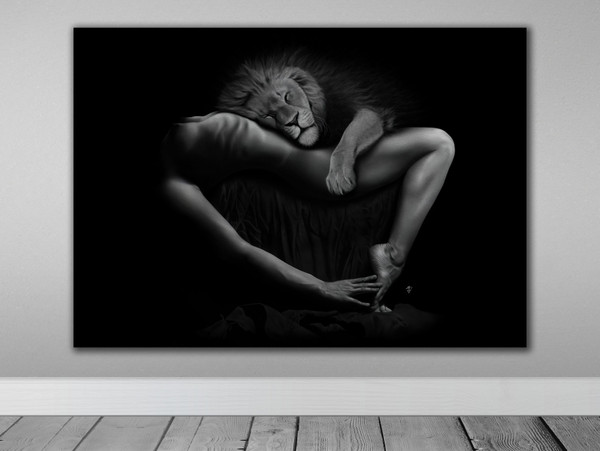 Woman and Lion Poster, Black and White, animal print, bedroom, nude body canvas print, sexy woman, bedroom decoration,  erotic art prin.jpg