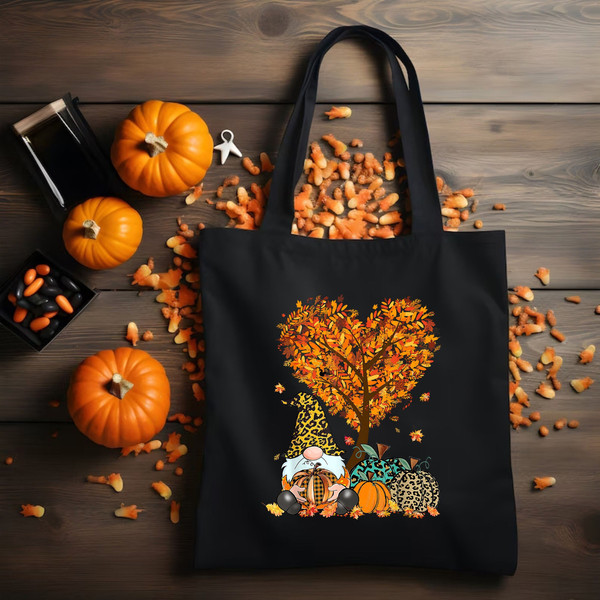 Fall Season Tote Bag, Gnome Design Canvas Bag, Thanksgiving Month Gift, Harvest Season Vibes, Autumn Vibes Shoulder Bag, Leaves and Pumpkins.jpg