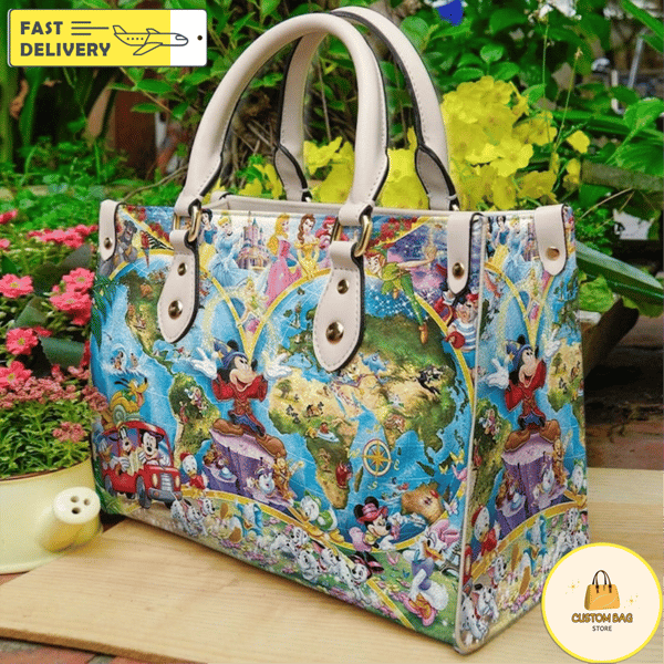 Christmas Disney Characters Wallpaper Handbag, Leather Disneyy Handbag, Mickey Women Bag 2.jpg