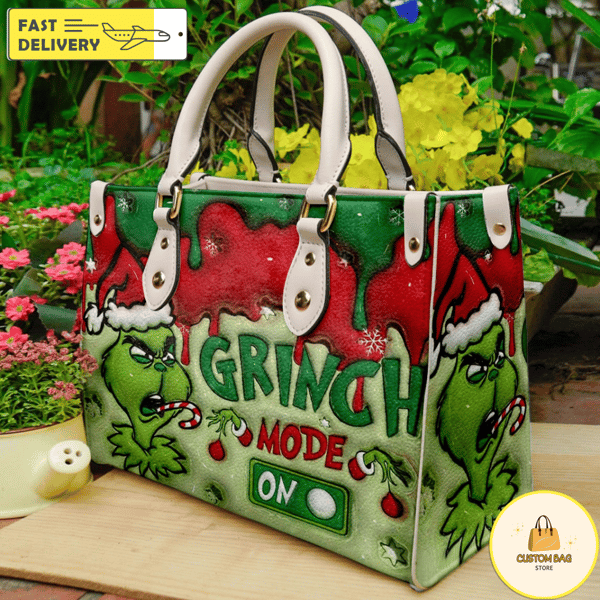 Christmas Grinch Mode On Handbag,  Leather Christmas Handbag, Custom Grinch Handbag.jpg