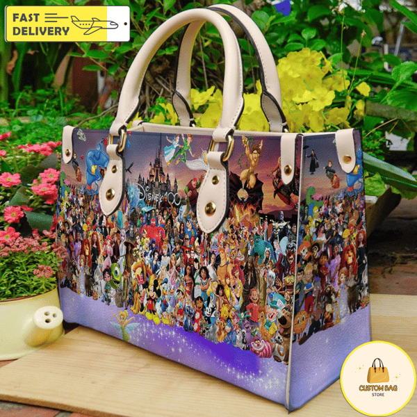 Disney Characters Wallpaper Handbag, Leather Disney Handbag, Mickey Women Bag.jpg