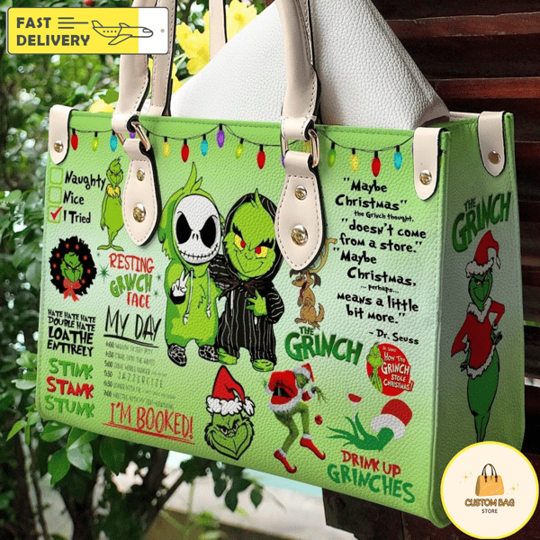 Personalized Skeleton Grinch Handbag, Anniversary Grinch Handbag, Disney Leatherr Handbag.jpg