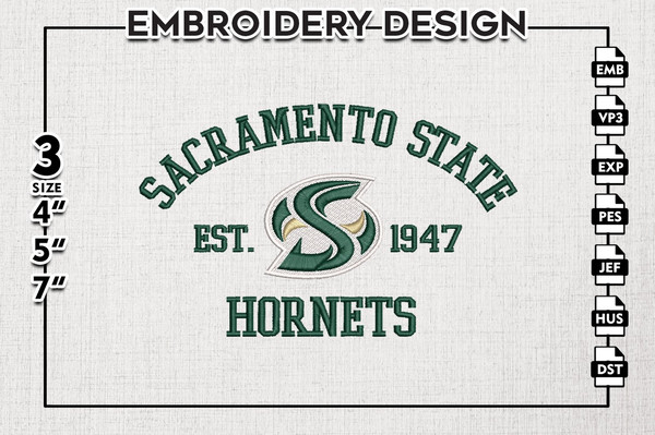 Sacramento State Hornets Est Logo Embroidery Designs, NCAA Sacramento State Hornets Team Embroidery, NCAA Team Logo, 3 sizes, Machine embroidery Files, Digital