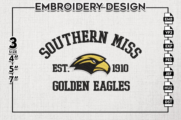 Southern Miss Golden Eagles Est Logo Embroidery Designs, NCAA Southern Miss Golden Eagles Team Embroidery, NCAA Team Logo, 3 sizes, Machine embroidery Files, Di