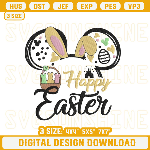 Happy Easter Disney Mouse Ear Embroidery Designs, Disney World Castle Bunny Embroidery Pattern.jpg