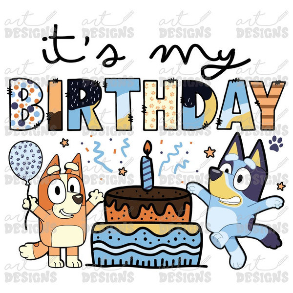 Blue Dog Happy Birthday Cake Clipart Elements, Letters Set, Red Dog Sublimation Party, PNG, It's my Birthday, Topper design1.jpg