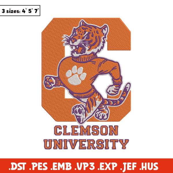 Clemson University logo embroidery design, College embroidery, Sport embroidery, logo sport embroidery,Embroidery design.jpg