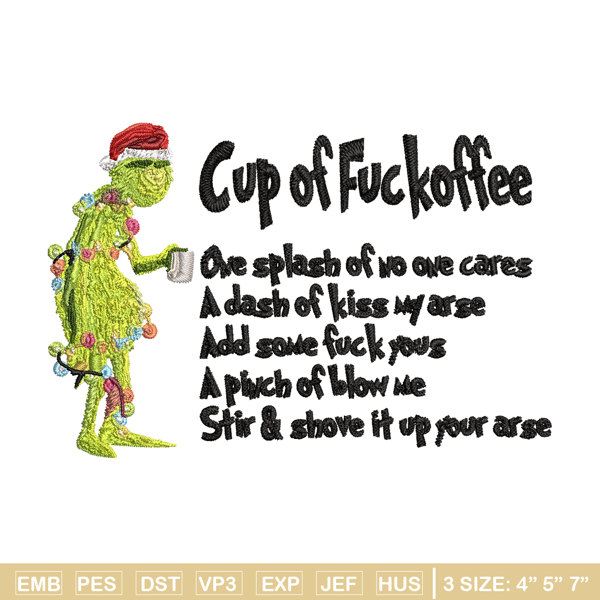 Cup of fuckoffee grinch Embroidery design, Grinch Embroidery, Grinch design, Embroidery File, Instant download..jpg