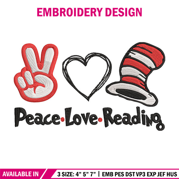 Peace Love Reading Dr seuss Embroidery Design, Dr seuss Embroidery, Embroidery File, Embroidery design, Digital download.jpg