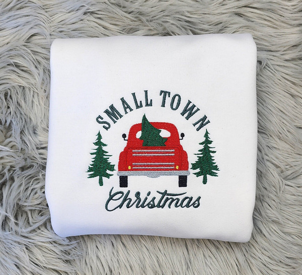 Embroidered Small Town Christmas Sweatshirt - Hometown Christmas - Vintage Red Truck - Unisex Sweatshirt Sweatshirt or Hooded Sweatshirt.jpg