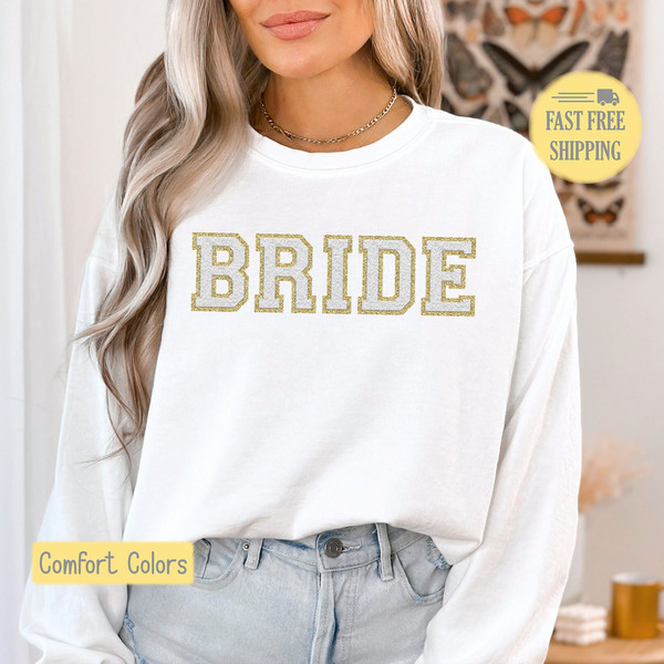 Bride Faux Chenille Shirt, Wedding Bride Sweatshirt, Wife T-shirt, Wedding Tee Shirt, White And Gold, Comfort Colors, Trending Now.jpg