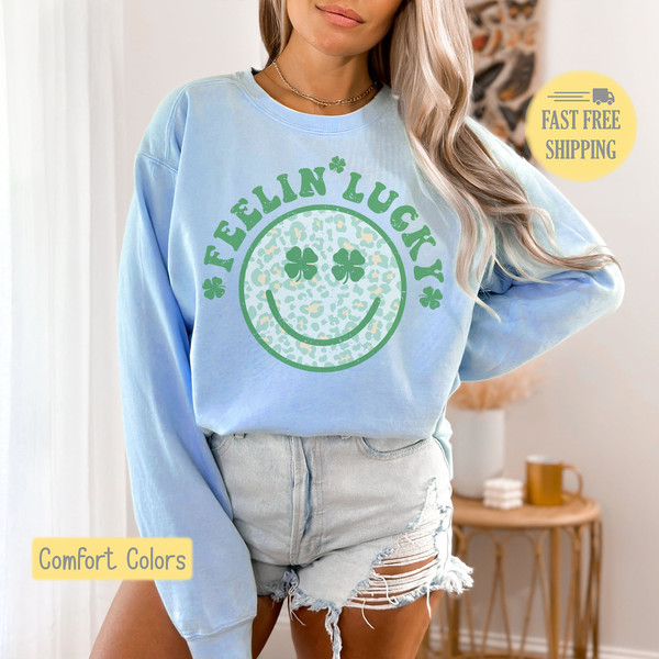 Feelin Lucky, Leopard Shamrock, Graphic Tee, Smiley, St. Patrick's Day Sweatshirt, Saint Patty, Comfort Colors, Oversized, Cute St. Patricks.jpg