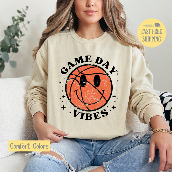Game Day Vibes Sweatshirt, Basketball Tshirt, Cute Basketball Shirt, Smiley Face T-shirt, Sports Tee Shirt, Game Day Tee, Comfort Color.jpg