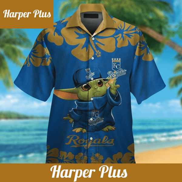 Kansas City Royals Baby Yoda Short Sleeve Button Up Tropical Hawaiian Shirt - Trendy Aloha.jpg