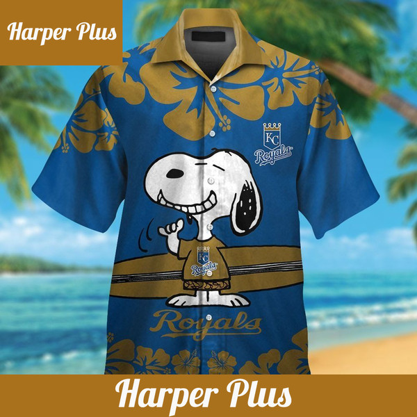 Kansas City Royals Snoopy Short Sleeve Button Up Tropical Hawaiian Shirt - Trendy Aloha.jpg