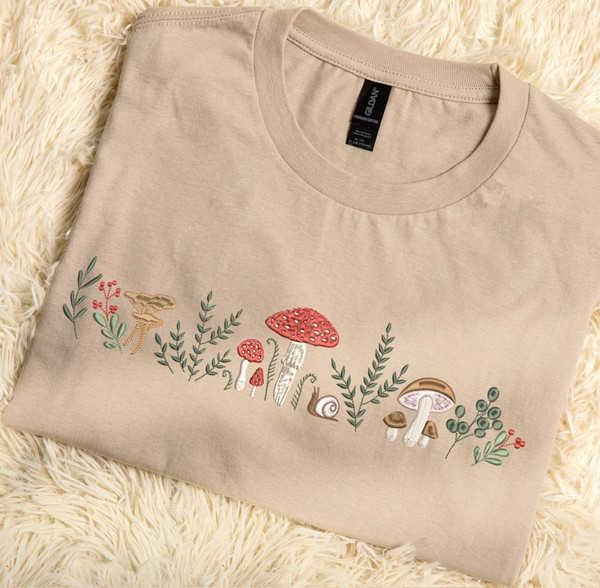Embroidered Mushroom Sweatshirt, Botany Embroidered Tshirt, Cottage Core Embroidery Hoodie, Embroidered Mushroom Crew Neck Sweatshirt 1.jpg