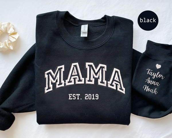 Custom Mama Embroidered Sweatshirt, Personalized Mom Hoodie With Kids Names Sleeve, Pregnancy Reveal Outfit, Birthday Gift, Mothers Day Gift.jpg