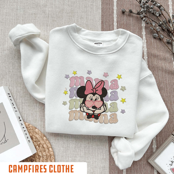 Embroidered Disney Mama Sweatshirt, Minnie Mama Crewneck, Disney Mama Shirt With Kids Name On Sleeve, Custom Mama Shirt, Disney Mama Gift.jpg