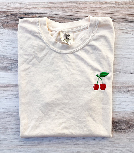 Cherry Embroidered Comfort Colors Tee, Cherries Shirt, Summer T-Shirt, Embroidered Tee, Embroidered Shirt, Custom Shirt, Cute Cherries Tee.jpg