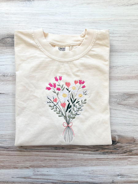 Flower Comfort Colors Tee, Floral Shirt, Wild Flower T-Shirt, Valentines Embroidered Tee, Embroidered Shirt, Cute Shirt, Pink Tee, Trendy.jpg