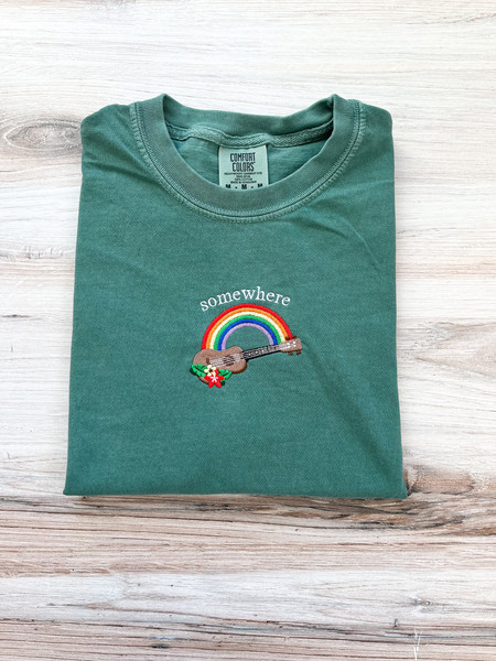 Hawaii Comfort Colors Tee, Tropical Shirt, Rainbow T-Shirt, Ukulele Embroidered Tee, Embroidered Shirt, Beach Bum Shirt, Retro Music Shirt.jpg