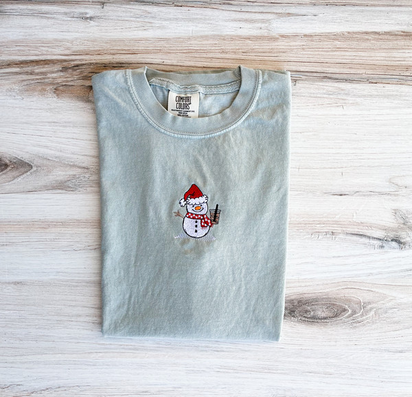 Snowman Comfort Colors Tee, Christmas Embroidered Shirt, Christmas T-Shirt, Winter Tee, Embroidered Shirt, Custom Shirt, Holiday Gift.jpg