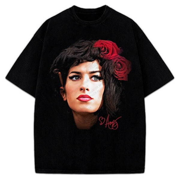 Amy Winehouse Tribute T-Shirt Portrait Rose Hair Custom Graphic Tee.jpg