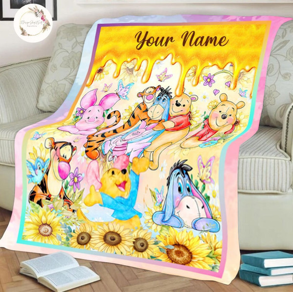 Personalized Watercolor Winnie the Pooh Blanket, WDW Disneyland Pooh Bear and Friends Sketch Birthday Gift, Disney Family Kids Adult Blanket 1.jpg