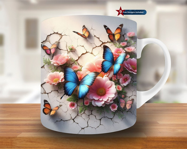 3D Blue Butterfly Hole In A Wall Mug Wrap, 11oz & 15oz Mug Design, Flower Mug Sublimation Design, Mug Wrap Template PNG, Coffee Mug, white1.jpg