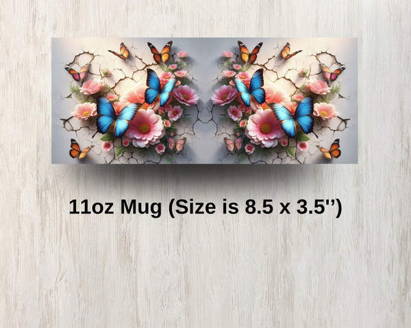 3D Blue Butterfly Hole In A Wall Mug Wrap, 11oz & 15oz Mug Design, Flower Mug Sublimation Design, Mug Wrap Template PNG, Coffee Mug, white2.jpg