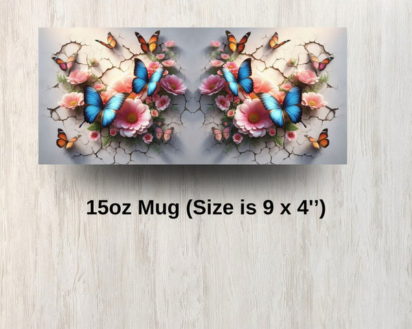 3D Blue Butterfly Hole In A Wall Mug Wrap, 11oz & 15oz Mug Design, Flower Mug Sublimation Design, Mug Wrap Template PNG, Coffee Mug, white3.jpg