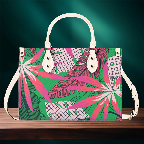 Handbag shoulder bag Women Luxury PU Leather modern spring summer pink green floral fern purse abstract design Gift Mom wife friend.jpg