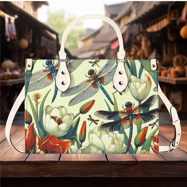 Luxury Women PU Leather Handbag shoulder bag tote Tulip dragonfly flower Floral botanical design abstract art purse Gift Mom.jpg