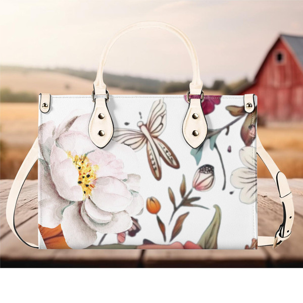 Women Leather PU Handbag Shoulder Bag tote purse Beautiful, cute magnolia butterfly spring summer Floral flower botanical design pattern.jpg