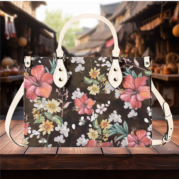 Women PU leather Handbag tote Floral botanical impatiens design purse 3 sizes large can be a beautiful beach travel tote Vacation Beach.jpg