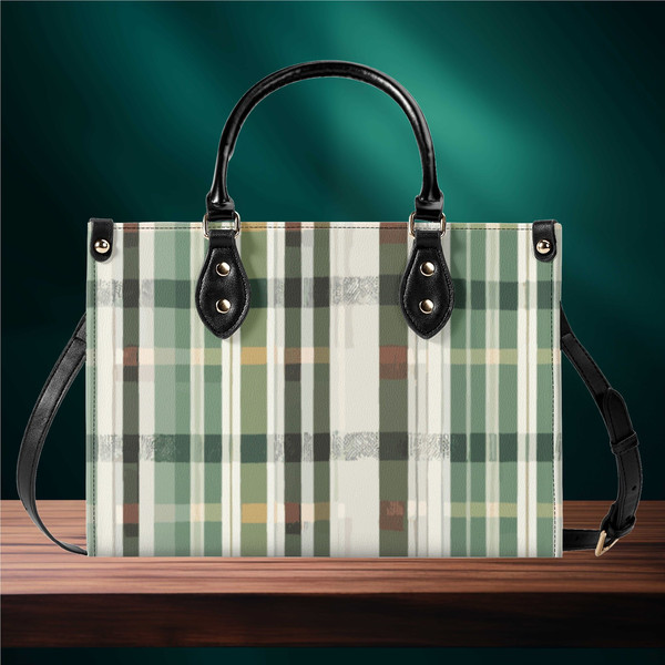 Women PU leather Handbag tote geometrical green plaid Art deco design abstract art purse  Large Tote Vacation Beach Travel.jpg