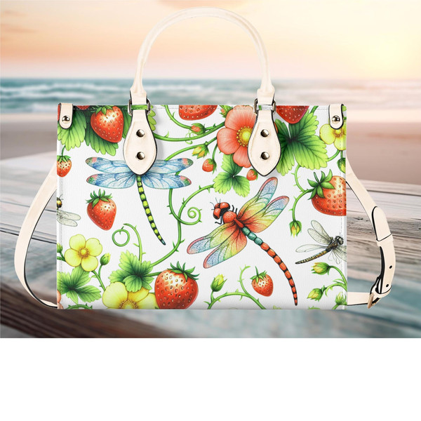 Women PU Leather Handbag tote purse beautiful spring floral strawberry dragon fly handbag Botanical Garden design spring summer.jpg