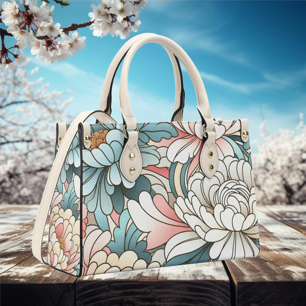 Women PU Leather Handbag tote purse beautiful spring retro blue cream white feather design blue, green spring summer look beautiful gift.jpg