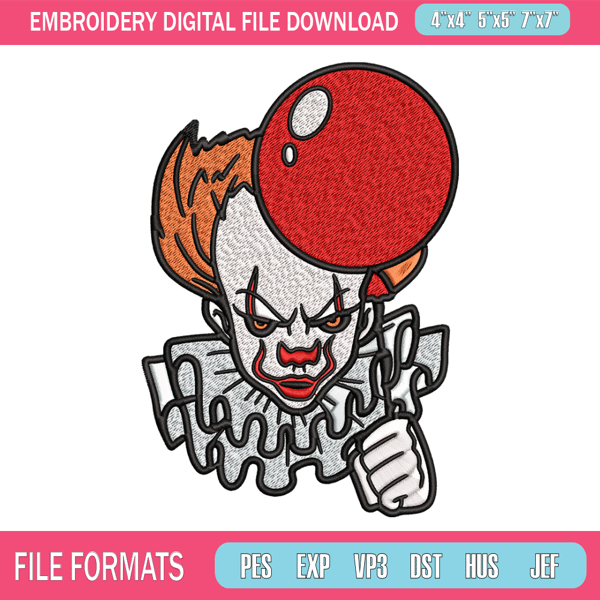 Pennywise with balloon Embroidery design, Halloween Embroidery, Embroidery File, halloween design, Digital download. 1.jpg