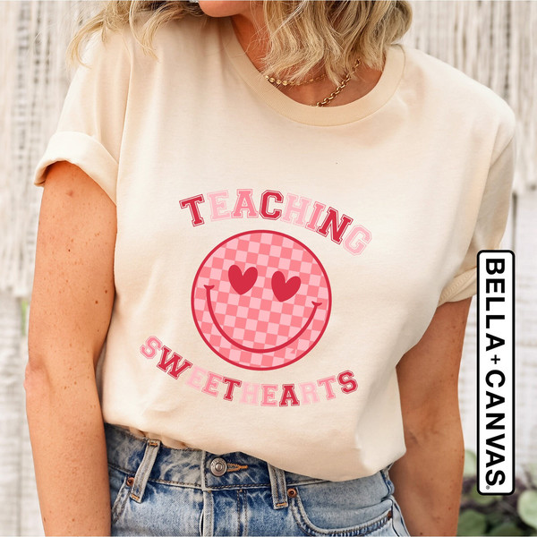 Teaching Sweethearts Shirt, Checkered Happy Face Teacher Valentines Day Shirt, Teacher Valentine's Day Graphic Tee, Women's Valentine Tee.jpg