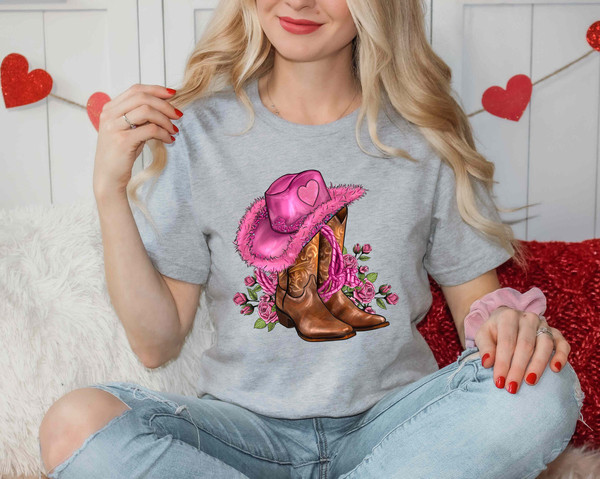 Valentines Day Valentines Day Boots Cowgirl Hat And Roses Women Men Tee, Cute Heart T-shirt, Cute Valentine Shirt, Teachers Valentines Day.jpg