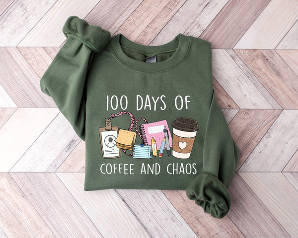 100 Days of School Shirt, 100 Days of Coffee and Chaos Sweatshirt, 100 Days Celebration Shirt, Teacher Gift, Teacher Coffee Shirt, Teacher.jpg