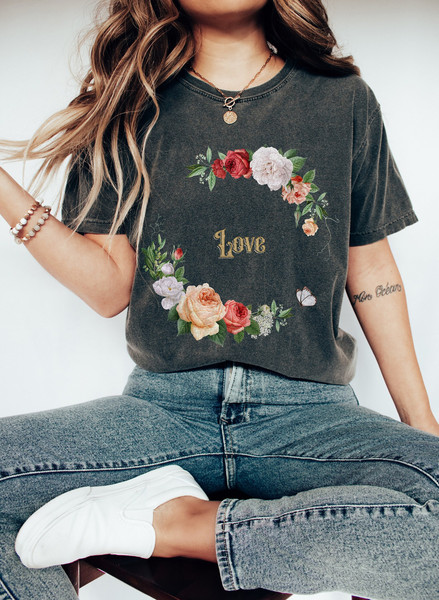 Comfort Colors Valentines Day Shirt, Love Shirt, Floral Valentines Shirt Gift for Her, Vintage Style Valentine Tee, Valentine Flowers TShirt.jpg