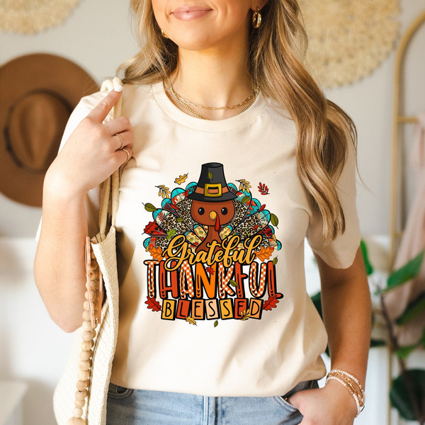 Grateful,Thankful, Blessed with Turkey Shirt, Fall Vibes Shirt, Thanksgiving Dinner Shirt, Fall Turkey Shirt, Thankful Shirt, Grateful Shirt.jpg