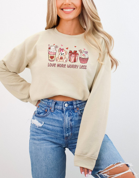 Teddy Bear Crewneck, Love More Worry Less, Valentine Sweater ,Girl Valentine Sweatshirt ,Valentine's Day Gift, Ice Coffee Sweatshirt.jpg