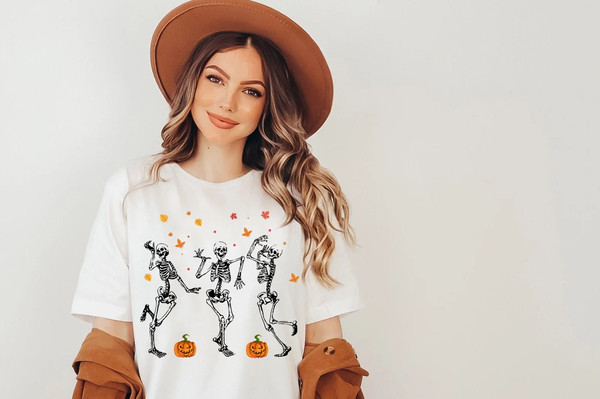 Dancing Skeleton Shirt, Pumpkin Shirt, Skeleton and Pumpkin Shirt For Halloween, Fall Shirt, Funny Halloween Shirt, Fall Shirt For Women.jpg