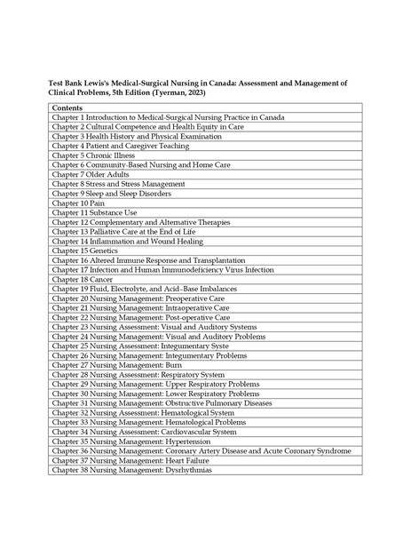 Test Bank Lewis's Medical-Surgical Nursing in Canada- Assessment and Management of Clinical Problems, 5th Edition- Tyerman, Cobbett, Harding, Kwong, Roberts, Ha