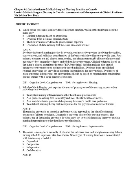 Test Bank Lewis's Medical-Surgical Nursing in Canada- Assessment and Management of Clinical Problems, 5th Edition- Tyerman, Cobbett, Harding, Kwong, Roberts, Ha