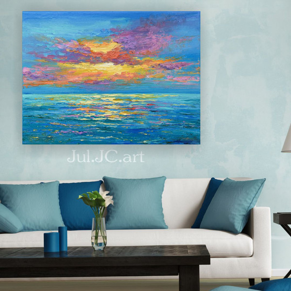 seascape-wall-art-california-sunset-original-oil-painting-beach-painting-turquoise-living-room-decor-above-sofa-art