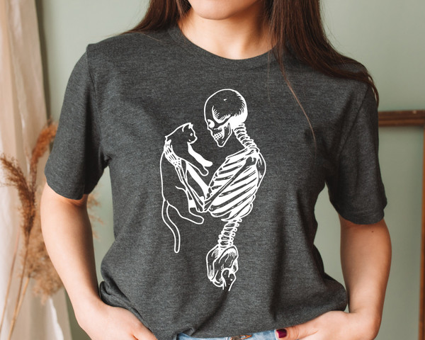Skeleton And Cat Shirt, Gifts For Cat Lovers, Mothers Day Gift, Cat Lady Gift, Cat Mom, Cat Clothing, Cat Dad Shirt, Cat Tee.jpg